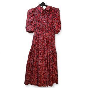 Vintage Puff Sleeve Floral Red Floral  Dress